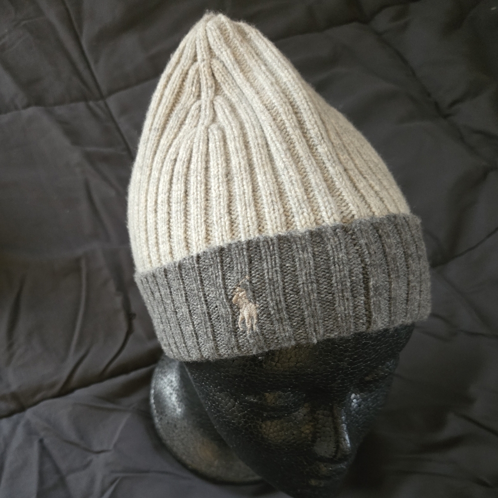 Polo by Ralph Lauren Silver and Gray Ribbed Beanie Knit Hat